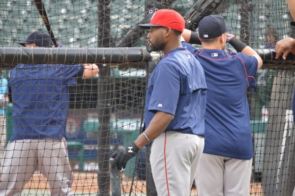 Jackie Bradley, Jr., watches as his teammates take batting practice on June 25, 2016 at Globe Life Park in Arlington. (Source: I Am Second)