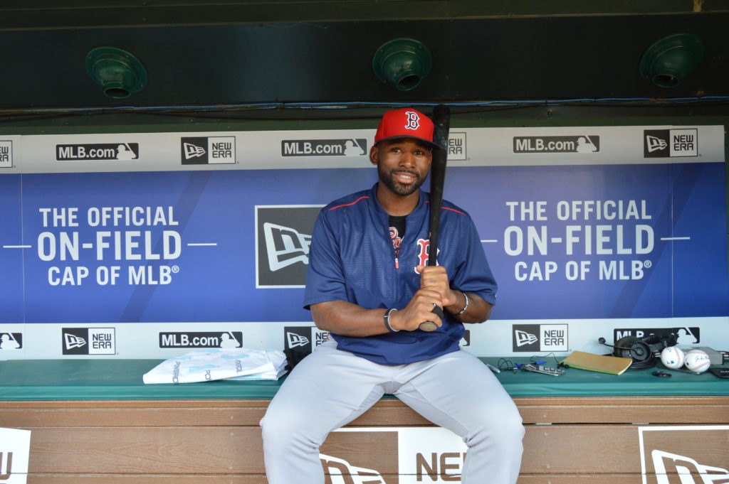 Jackie Bradley Jr., the center fielder for the Boston Red Sox, poses from the dugout with his I Am Second bracelet. (Source: I Am Second)