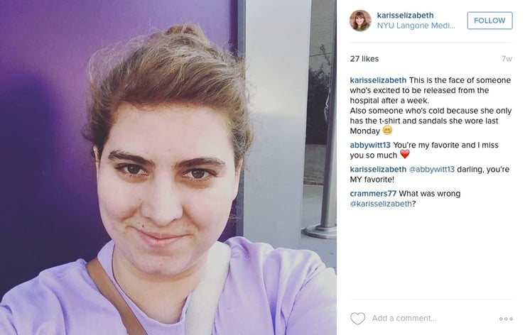 The Instagram photo Karis posted after being released from the hospital. (Source: Instagram.com/karisselizabeth)